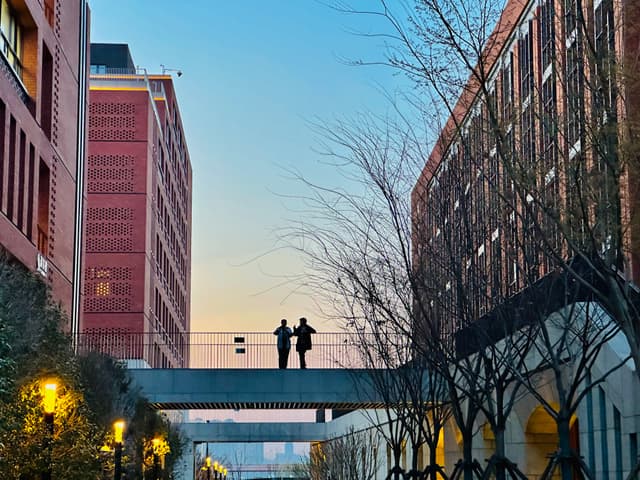 Two people walking across an elevated skybridge between campus buildings at dusk with bare winter trees below