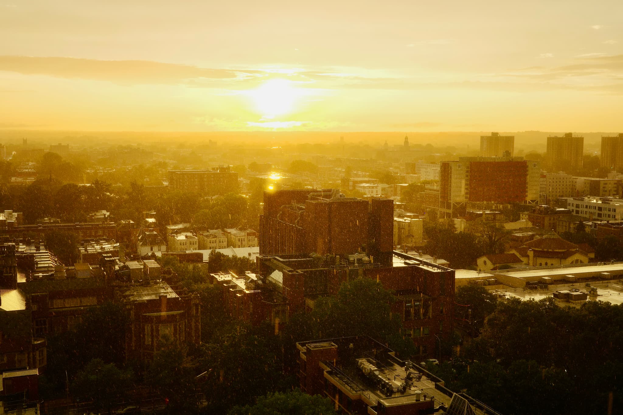 Sunrise over an urban skyline with low buildings and a hazy golden horizon