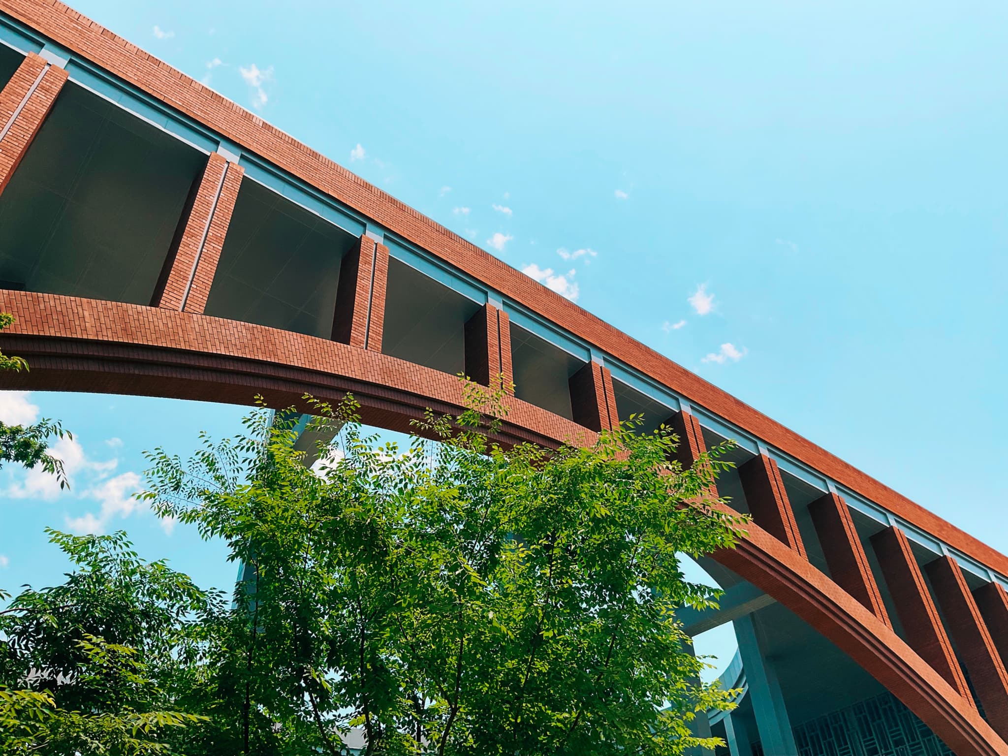 Part of NFLS building - A curved, red bridge-like architecture against a clear blue sky, with green foliage in the background