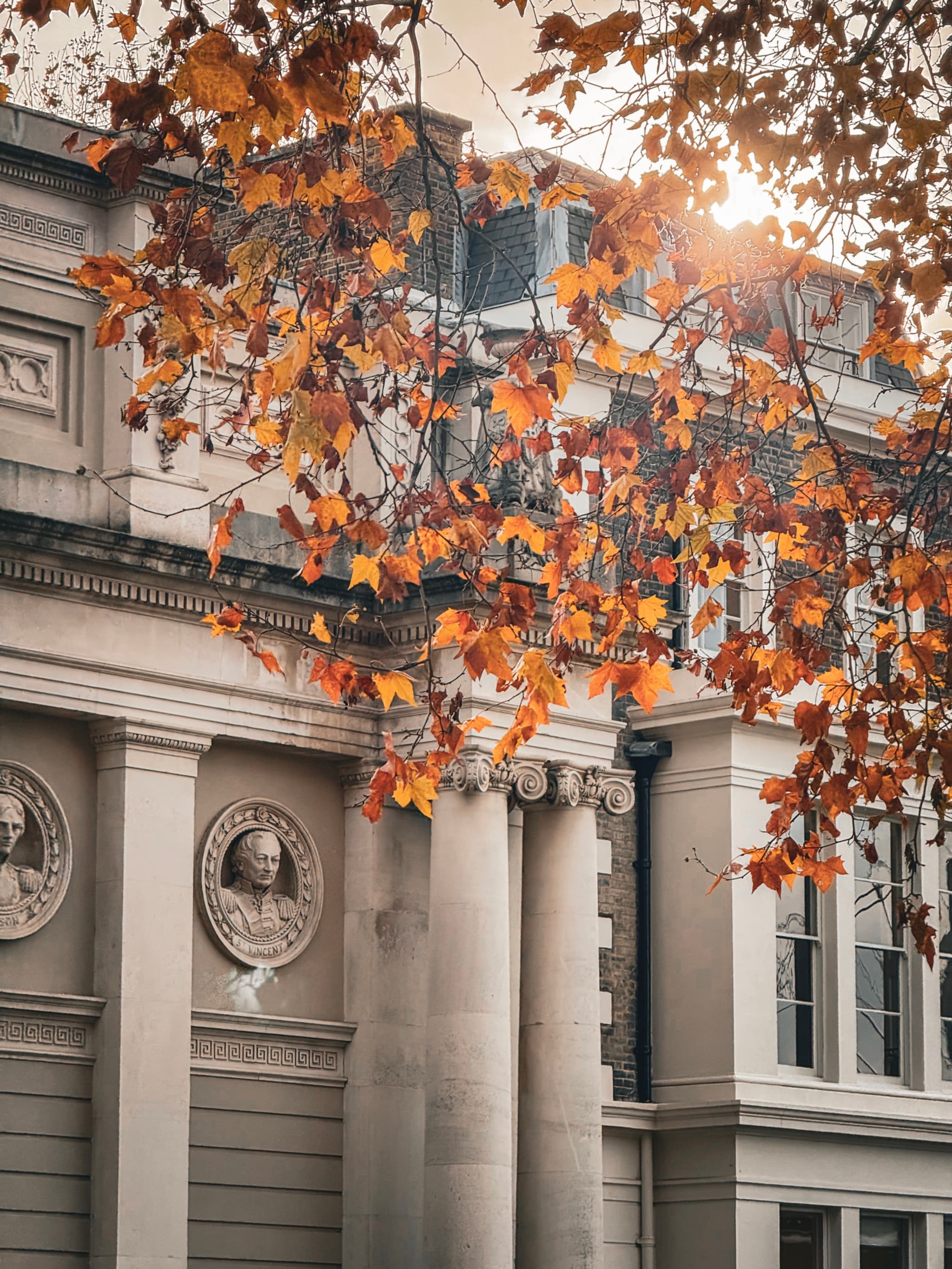 A classical building facade with columns and sculpted medallions, framed by autumn leaves and warm sunlight