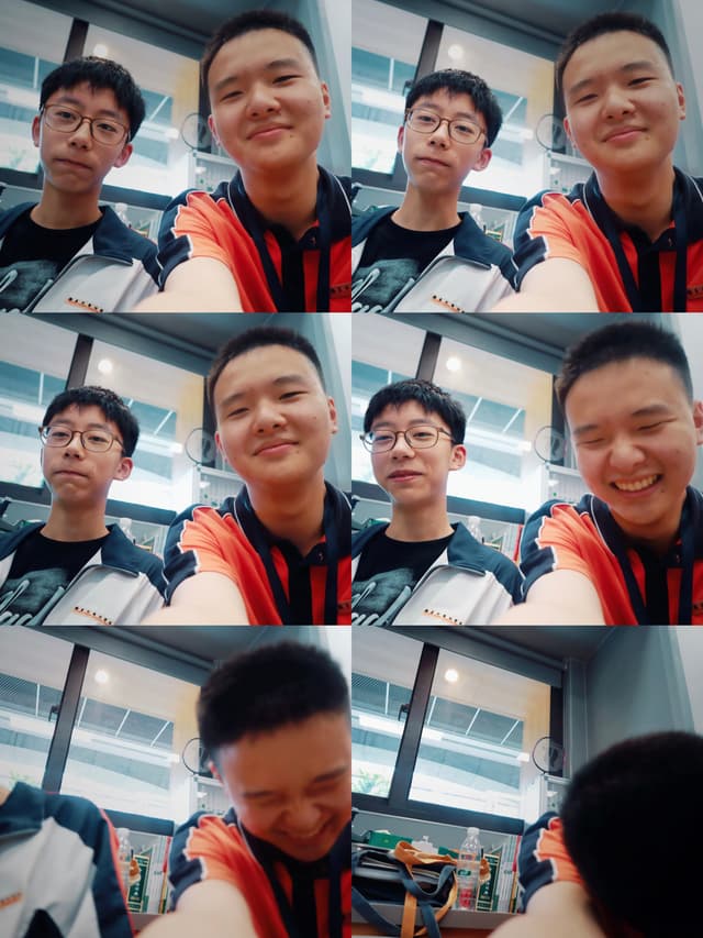 A collage of six photos featuring two individuals taking selfies, with varying expressions and angles, in an indoor setting